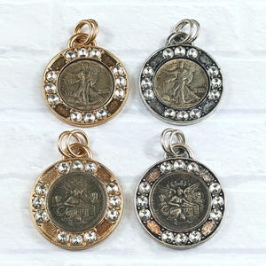 Antique Silver or Gold Plated, Liberty and Fairy Bezel Replica Coin Pendant,  Rhinestone Inlay,  45mm, Double Jump Ring. 1pc.
