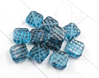 Czech Glass Translucent Metallic Square Design Beads, 15mm, 11pcs.