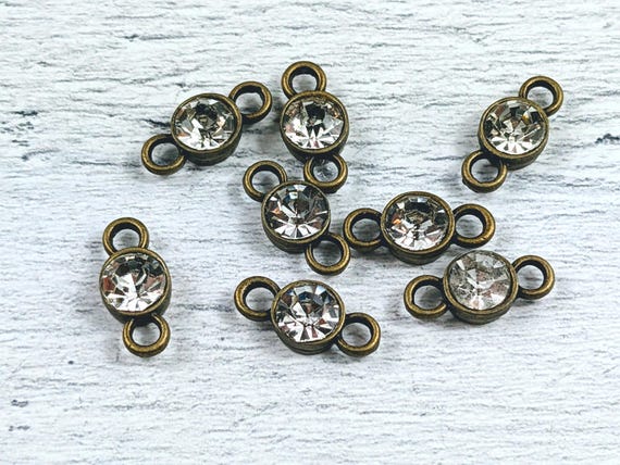 Antique Brass and Clear Rhinestone Connectors, 10pcs. Links, 2mm Hole, 15x7mm
