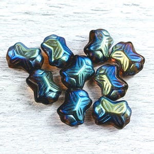 Czech Glass Abstract Butterfly Beads,  Translucent Brown AB with Blues and Greens 7pcs, 15x11mm