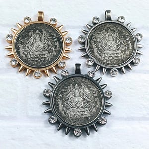 Matte Gold, Gunmetal, Antique Silver and Crystal Rhinestone Replica Meditating Buddha Coin Pendant, Medallion, Bezel,  38mm, 1pc.