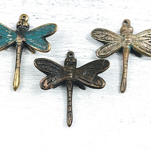 Large Rustic Sold Brass Dragonfly Pendants, Brass, Green or Dark Patina Finish, 54x57mm, Bali, Indonesian, 1pc.