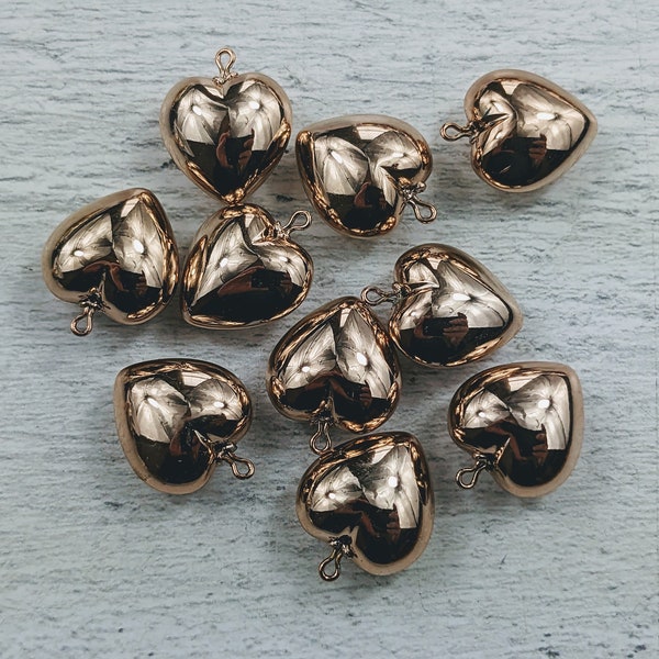 Rose Gold Plated Lucite Puffy Heart Charms, Lightweight, 5pcs. Love, Double Sided, 16x12mm