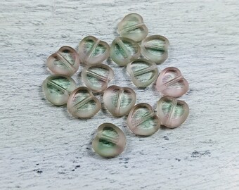 Czech Glass Translucent Light Pink and Green Translucent Heart Beads, Love, 14pcs. 6mm