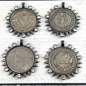 Matte Gunmetal and Crystal Rhinestone Angel Wings, Love, Mermaid or Native Replica Coin Pendants, Medallion, Bezel,  38mm, 1pc.