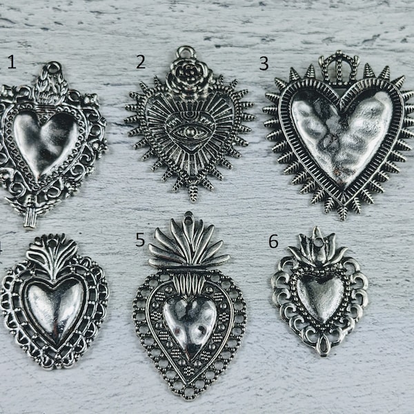 Antique Silver Milagro Ex Voto Heart Charms, Sacred Heart, Royal, 2pcs. Evil Eye Rose, Love, Spiritual, Lotus Flower