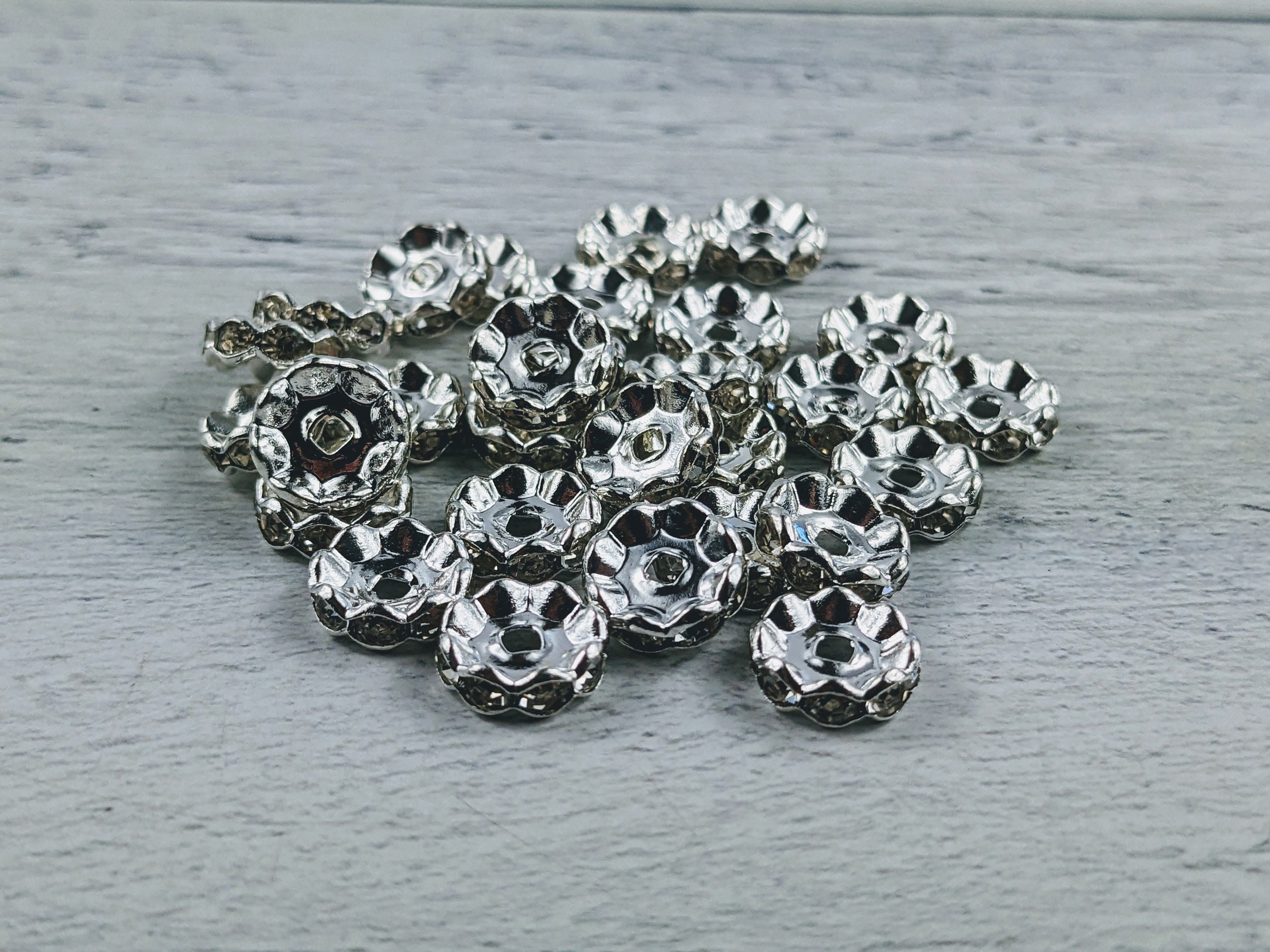 Rhinestone Spacer Beads 8mm Wavy Roundelle Silver White 100 pcs