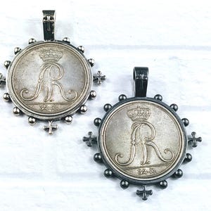 Matte Gunmetal or Antique Silver, Royal Crown Replica Cross Coin Bezel Pendant, Medallion, Large Hole, 1pc, 71x64mm