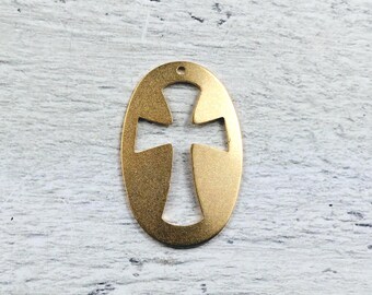 Matte Gold Plated Cutout Oval Cross Charm, 29x18mm, Spiritual, Ritual, 2pcs.