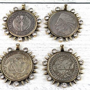 Antique Brass and Crystal Rhinestone Angel Wings, Love, Mermaid or Native Replica Coin Pendants, Medallion, Bezel,  38mm, 1pc.