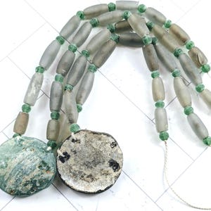 Roman Glass Tube and Heishi Bead with Pendant, 14 Tube Beads, 1 Strand, 22x10mm
