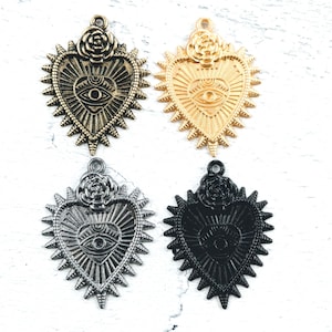 5pcs. Evil Eye Rose Sacred Heart Charms, Matte Gold, Matte Gunmetal, Black or Antique Gold, Love, 37x27mm