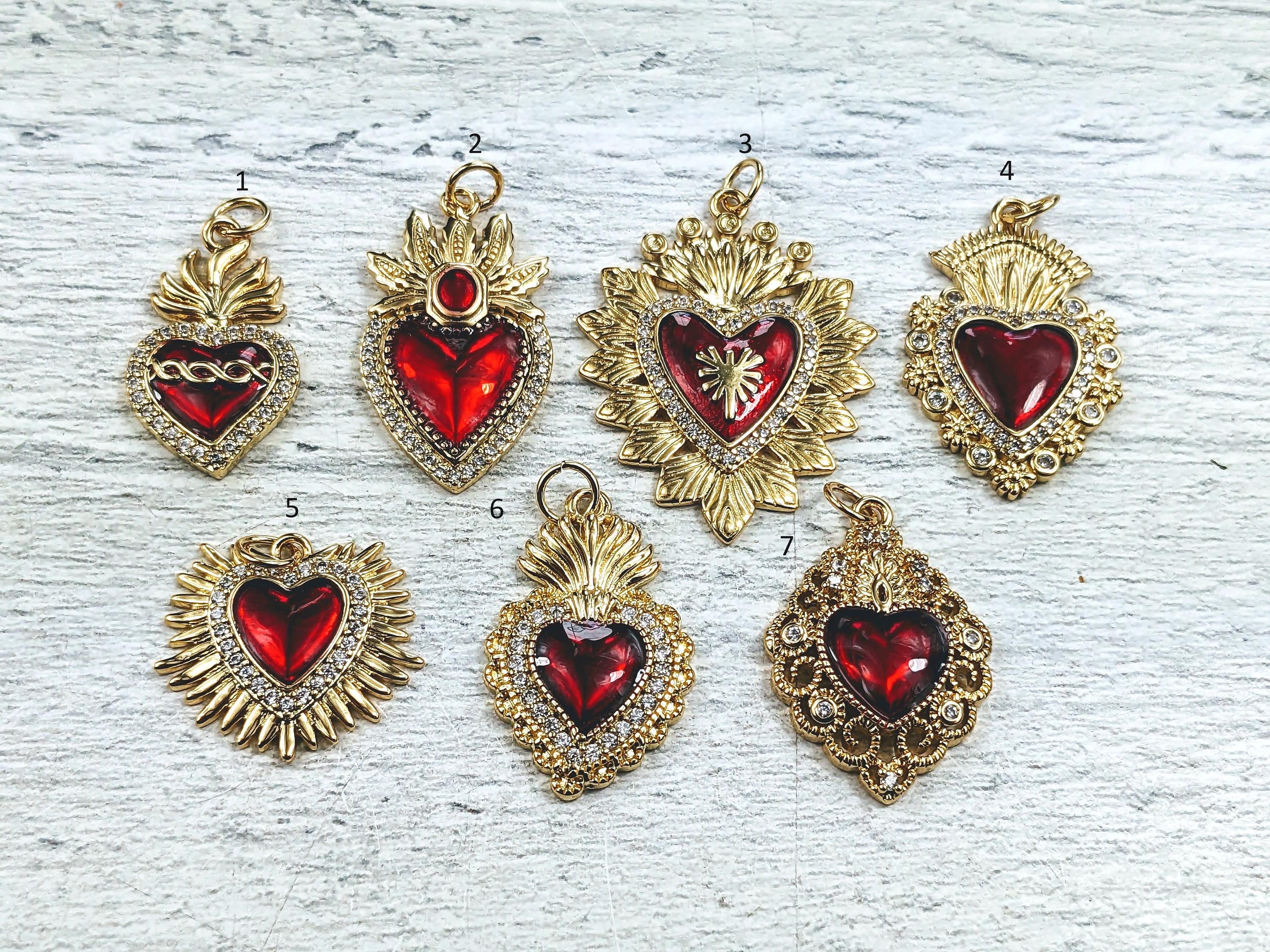 18k Gold Plated CZ Red Sacred Heart Charms, CZ, Love, Milagro Ex Voto, 1pc.