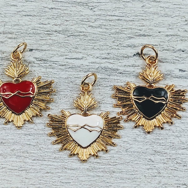 18k Gold Plated and Enamel Red, White or Black Sacred Heart with Barbed Wire Charms, 1pc. 20mm, Love