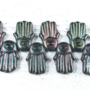 Czech Glass Purple Iris Metallic Hamsa Beads, Namaste, Yoga, 4pcs. 20x14mm