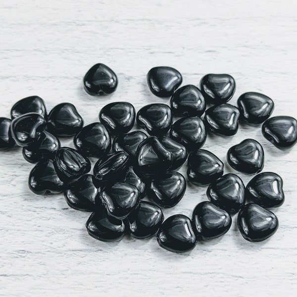 Small Black Czech Glass Heart Beads, 6mm, 30pcs. Love