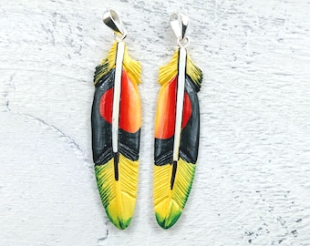 Hand Carved and Painted Water Buffalo Bone Feather Pendant, 1pc. 63x15mm, Vibrant Colors, Red, Yellow, Green and Black