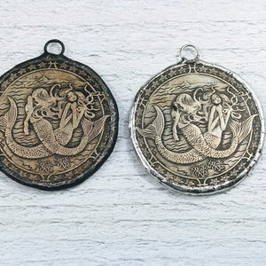 Large Double Mermaid and Eagle Soldered Dollar Coin Pendant, Silver or Patina, Replica, 1pc. 38mm, Rustic, Ocean