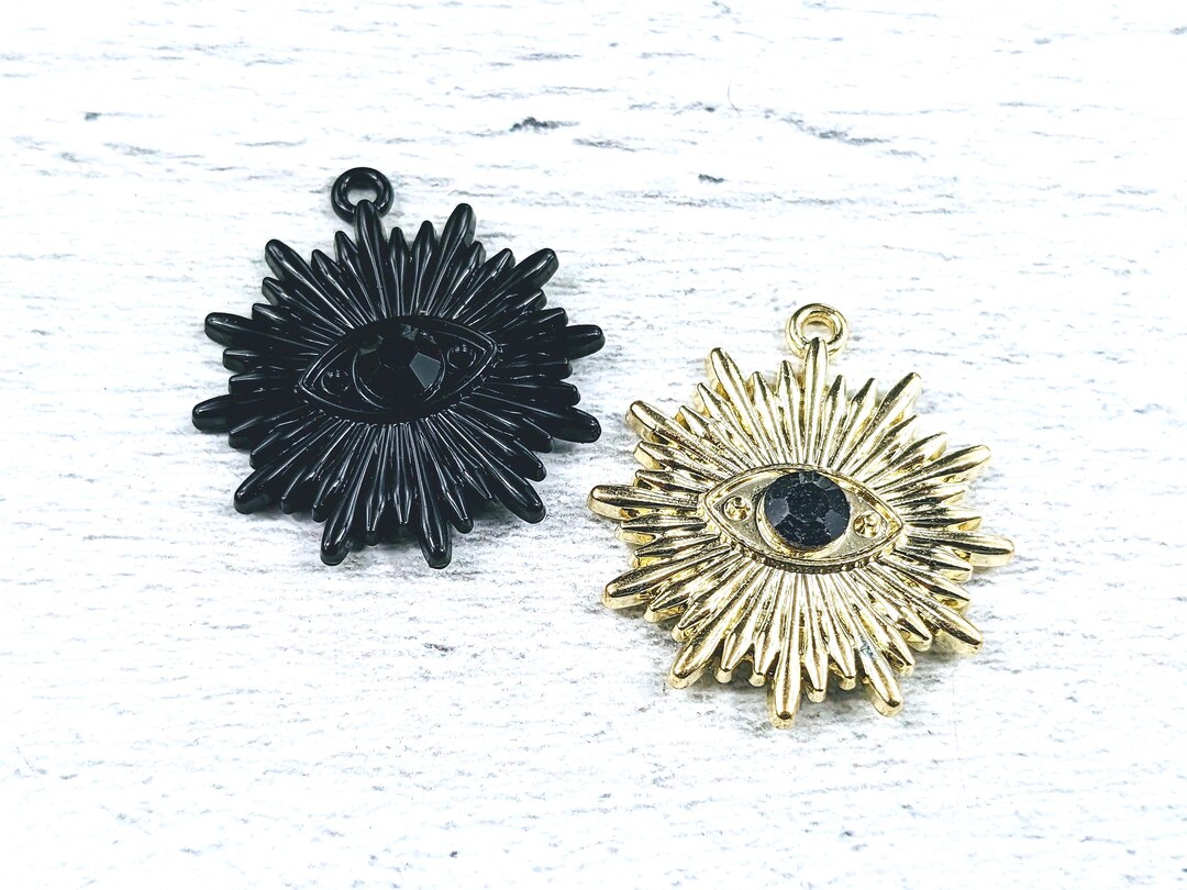 Evil Eye Rhinestone Black or Gold Plated Evil Eye Rhinestone Charms, 2pcs. Namaste, Yoga ...