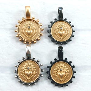 Matte Gold Plated Rhinestone Leaf Sacred Heart Bezel Pendants, Charm, Black, Matte Gunmetal, Antique Silver, 1pc. 38x26mm, Milagro