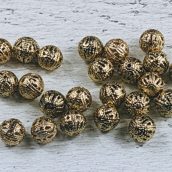 8mm Gold Filigree Round Beads, 50pcs.