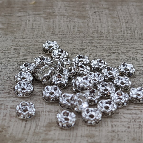 Silver Plated and Clear Crystal Rhinestone Wavy Rondelle Spacer Beads, 4mm, 20pcs.