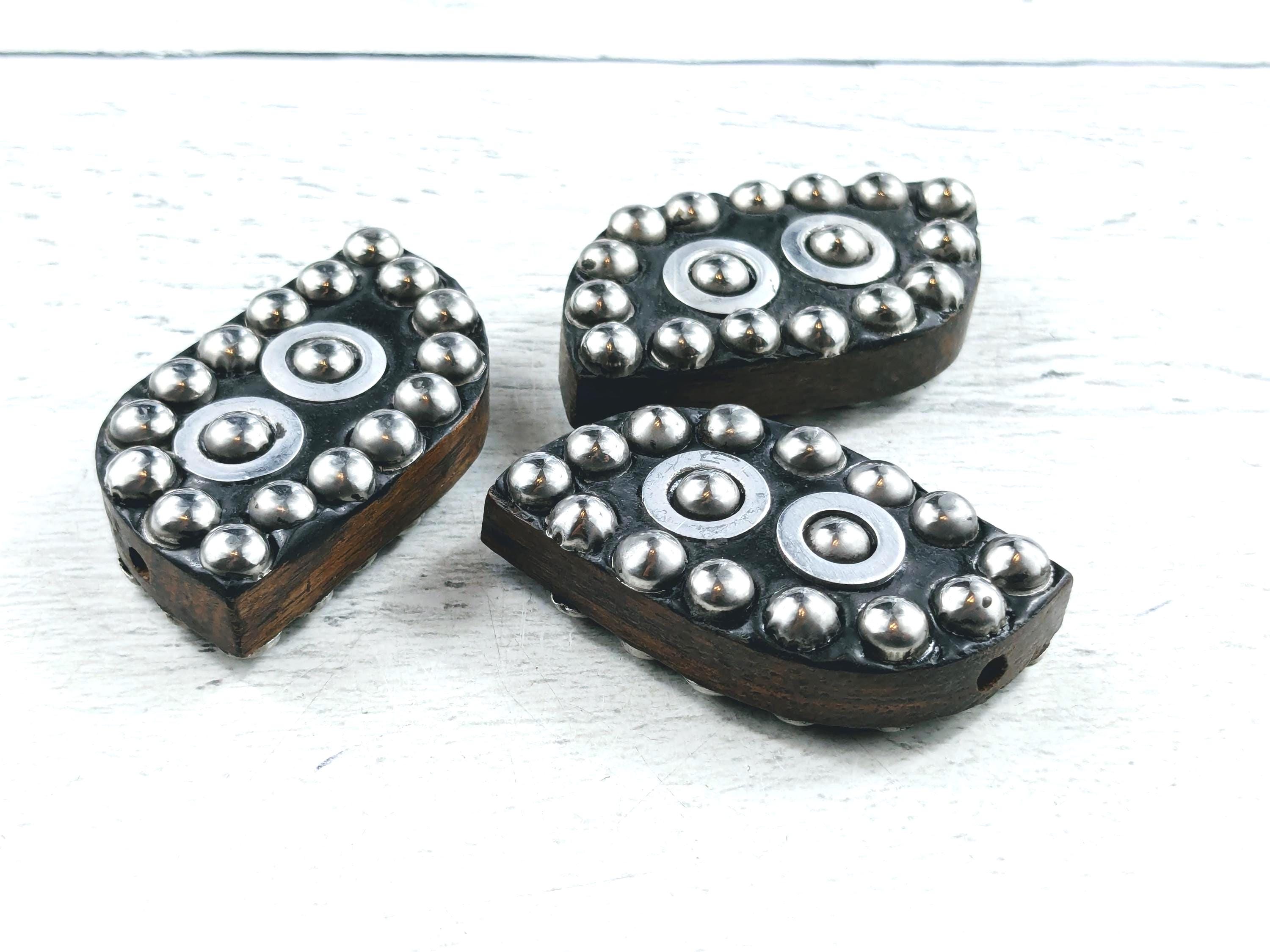 Paisley Inlay Rare Brown Wood and Antique Silver Inlay Dotted Paisley Beads, Double ...