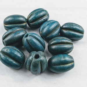Hand Carved Rustic Matte Blue Indonesian Glass Melon Beads, Large Hole, Ethnic, Large Hole, 17x14mm, 10pcs.