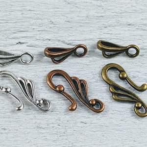 Antique Silver, Brass or Copper Plated Fancy Hook Clasps, 10 Sets, 25x12mm