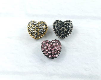 5pcs. Micro Pave Cz Rhinestone Heart Beads, Pink, Black and Gunmetal, Gold, Silver or Gunmetal Plating,  12x11mm, Love