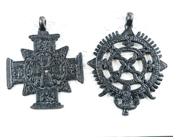 2pcs. Black Plated Large Ornate Brass Ethnic Cross Pendants, Spiritual, Textured, Religious, Cutout Design, 94mm and 83mm