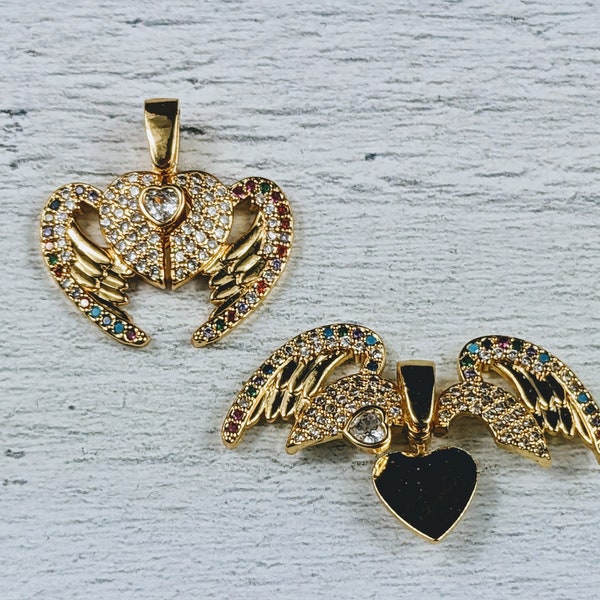 Micro Pave Cz Crystal Angel Wing Flying Heart Gold Plated Charm, Movable Wings, Love, Mixed Colors, 21x17mm