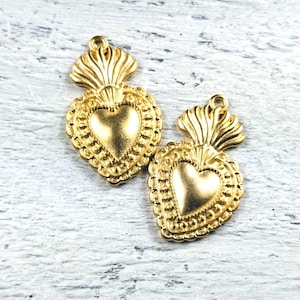 2pcs. Matte Gold Plated Sacred Heart Charms, Love, Spiritual, Flaming, 35x22mm