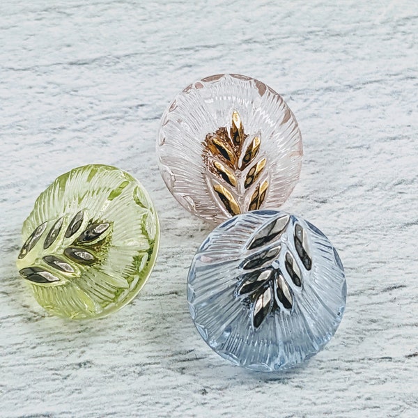 Czech Glass Translucent Leaf Round Buttons, 15mm, 1pc. Bronze or Antique Silver Leaf, Green, Blue or Pink, Metal Shank