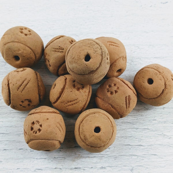 Large Indonesian Hand Carved Geometric Flower Stamped  Design Terra Cotta Clay Round Beads, Approx. 20-22mm, 5pcs.