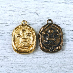 Solid Bronze or Matte Gold Vermeil Oval Fleur De Lis Double Sided Charm, Hammered Charm, 23x16mm