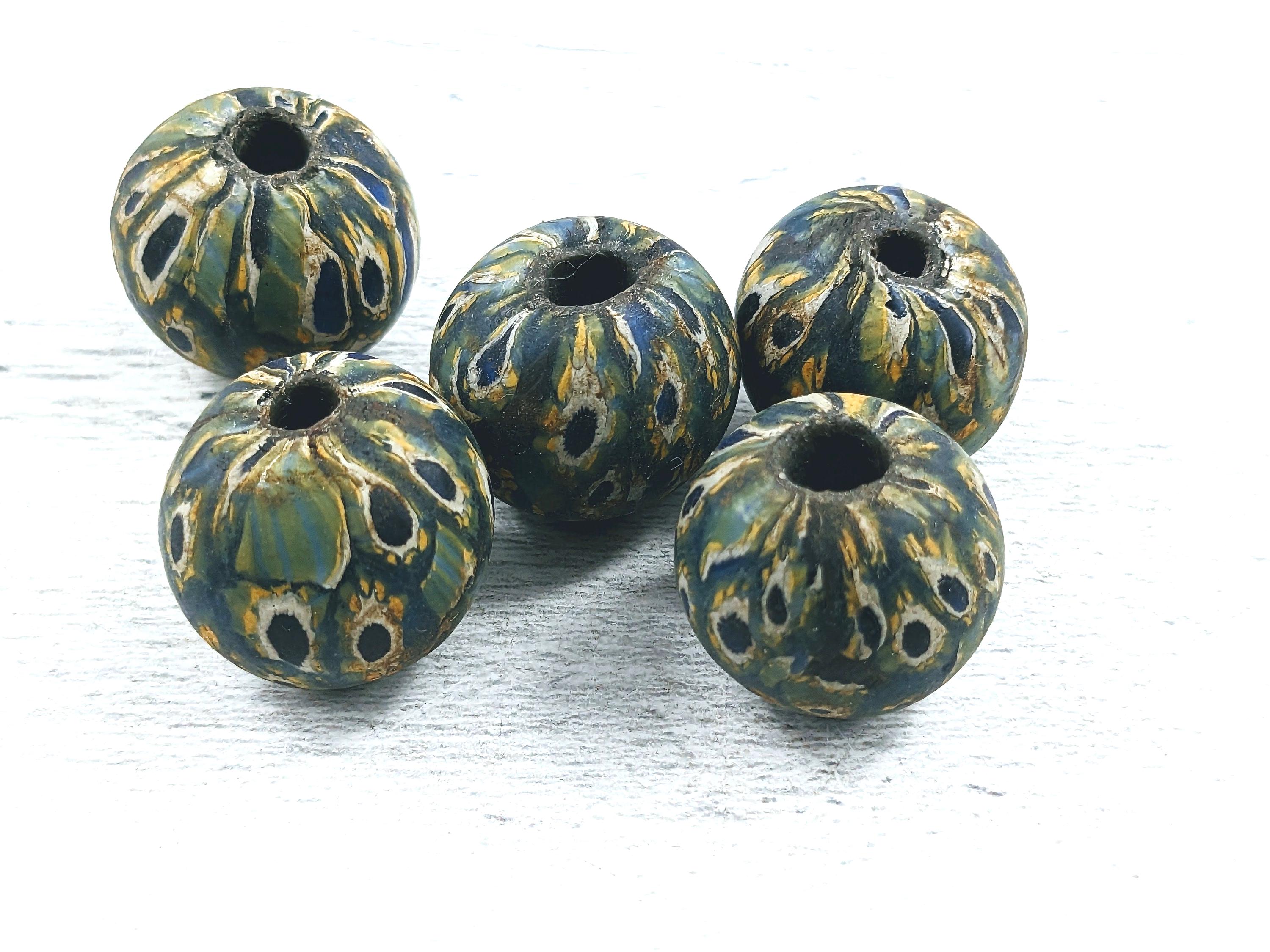 Indonesian Glass Round Beads, Hand Painted, 20mm, Large Hole, Green, Blue and Yellow Mix  1pc.  Jatim Java Beads