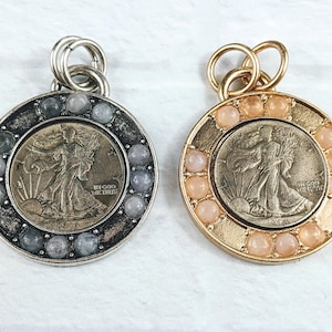 Antique Silver or Gold Plated With Rose Quartz Gemstone Inlay Replica Liberty Coin Bezel Pendant, 45mm, Double Jump Ring, 1pc.