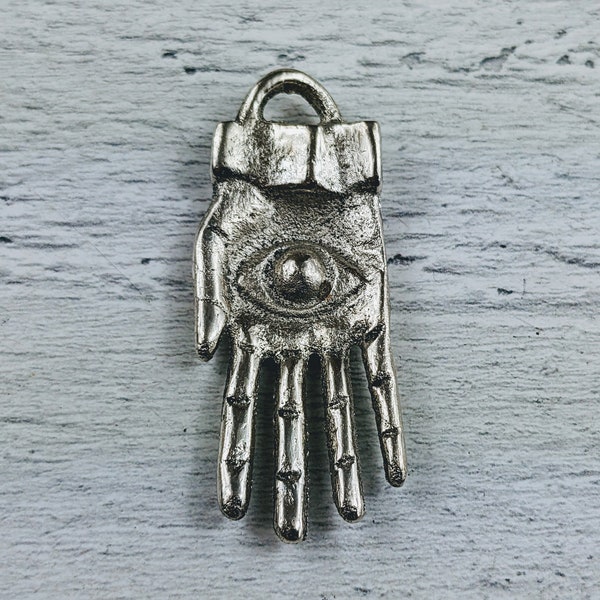 Large Silver Evil Eye Hamsa Charm, Pendant, Namaste, Yoga, Ethnic