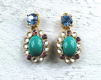 Vintage Oval Lucite and Rhinestone Connectors, Links, Charms, Flower Design, Gold Plated, 2pcs. 40x23mm, Green, Pink and  Blue