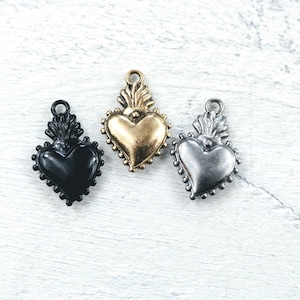 10pcs. Small Matte Gunmetal, Black or Antique Gold Plated Sacred Heart Charms, Love, Milago Ex Voto, 22x12mm
