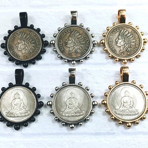Antique Silver, Black or Antique Gold Plated Replica Coin Medallion Pendants, 1pc. Bezel, Meditating Buddha or Native, 64x50mm, Yoga