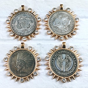Matte Gold and Crystal Rhinestone Angel Wings, Love, Mermaid or Native Replica Coin Pendants, Medallion, Bezel,  38mm, 1pc.