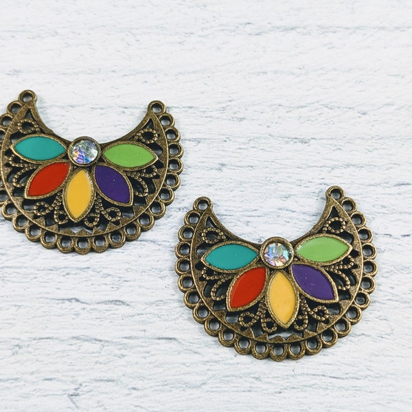 Antique Brass Ornate Multi Color Petal Enamel Flower Charms, Connector, Earring, Dangles, Crescent, Filigree, 2pcs. 20x25mm, Rhinestone