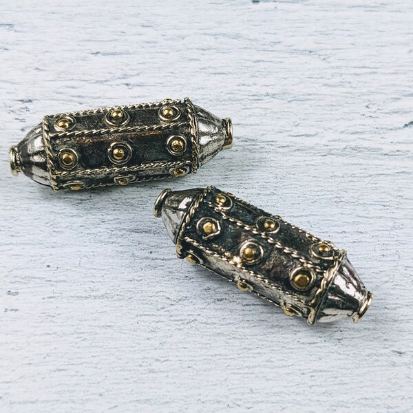 Ornate Textured Brass Turkman Beads, Ethnic, 2pcs. Turkoman, Turkmen, 32x10mm