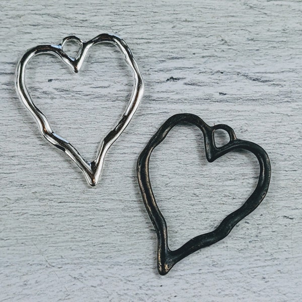 Silver Or Patina Open Hammered Heart Charm, Pendant, 2pcs. Rustic, 32x26mm, Love