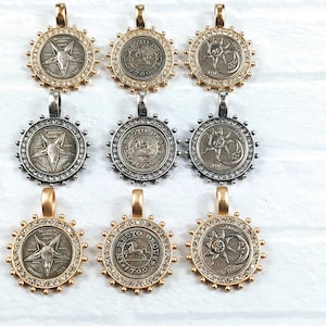 Matte Gold, Worn Gold or Antique Silver Crystal Rhinestone Replica Coin Horse, Ram Star or Sun Moon Pendants, Charms, Bezel, 1pc. 44x34mm