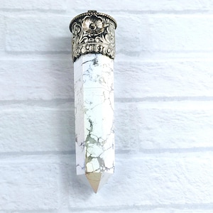Large Tibetan Silver and Aura White Howlite with Silver Flower Gemstone Point Pendant, Tower, Nepal, Ethnic