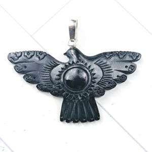 Hand Carved Black Water Buffalo Horn Thunderbird Pendant, Bird, Western, Southwestern, 54x30mm