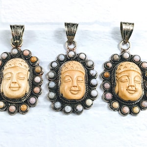 Tibetan Silver and Carved Buffalo Bone Buddha Head with Pink Opal Gemstone Pendant, 1pc. Yoga, Namaste, 83x45mm